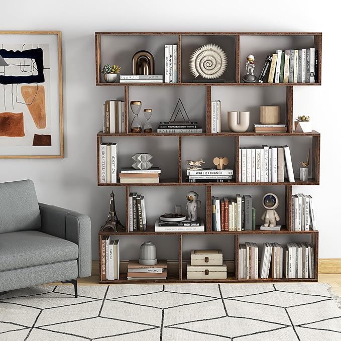 5 Tier Geometric Bookcase, S Shaped Bookshelf, Modern Decorative Storage Shelving, Wooden Room Divider Bookcase, 62.5" Tall Staggered Display Book Shelf for Living Room (2, Rustic Brown)