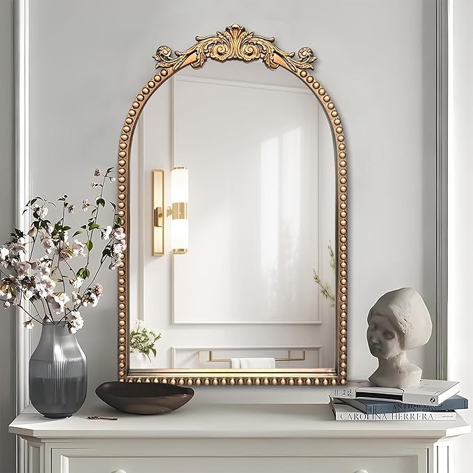 Arendahl Traditional Vintage Arch Mirror, 20" X 30" Baroque Ornate Accent Wall Mirrors Decorative Beaded Frame for Bathroom Sink, Entryway, Bedroom Vanity, Over Mantel Fireplace Wall Decor