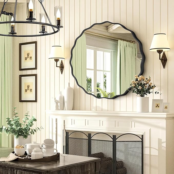 Black Round Mirror for Wall, 24"x24" Decorative Wavy Bathroom Mirror with Brushed Alloy Steel Frame & Shatter-Proof Glass, Hanging Circle Wall Mirrors for Bathroom, Entryway, Bedroom