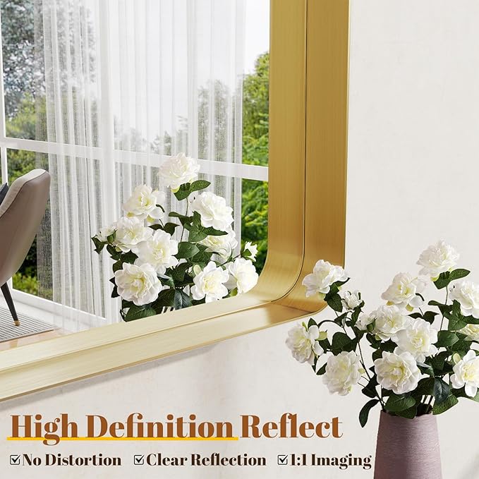Bathroom Mirror Vanity for Over Sink Wall Mirror - 30x48 Inch Rounded Corner Rectangle Aluminum Frame Mirror,Hangs Horizontally or Vertically for Living Room Bedroom or Entryway Gold