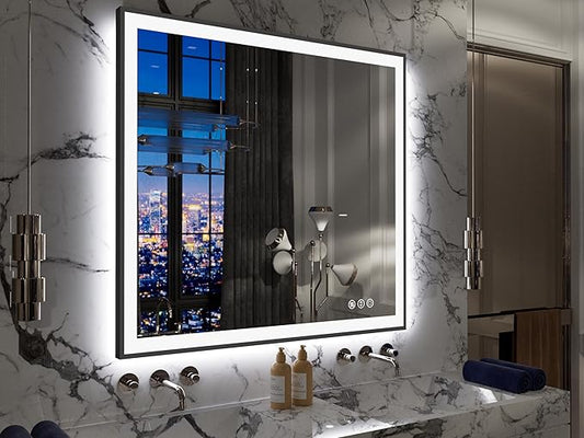 LED Bathroom Mirror 40x38 with Backlit and Front Lighted, Framed Dimmable Illuminated Mirror for Wall Anti-Fog Shatterproof (Horizontal/Vertical)