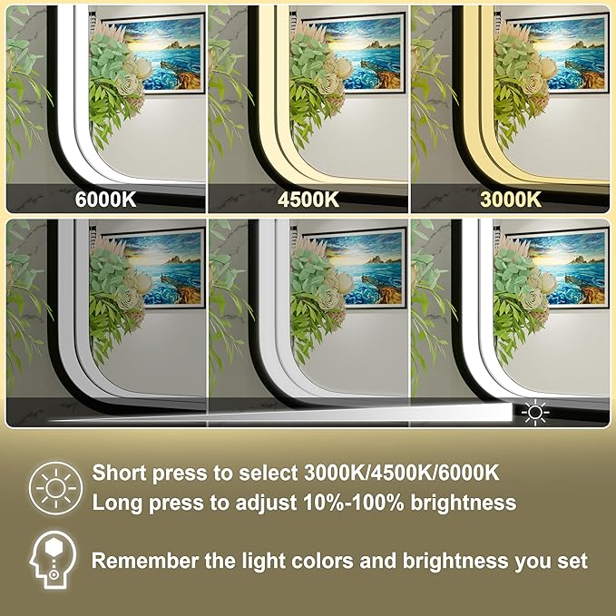 24x32 Inch Black LED Mirror for Bathroom with Lights, 3000K/4500K/6000K, Wall Mounted Lighted Bathroom Vanity Mirrors, Stepless Dimmable, Memory Funtiom, Anti-Fog, Horizontal/Vertical