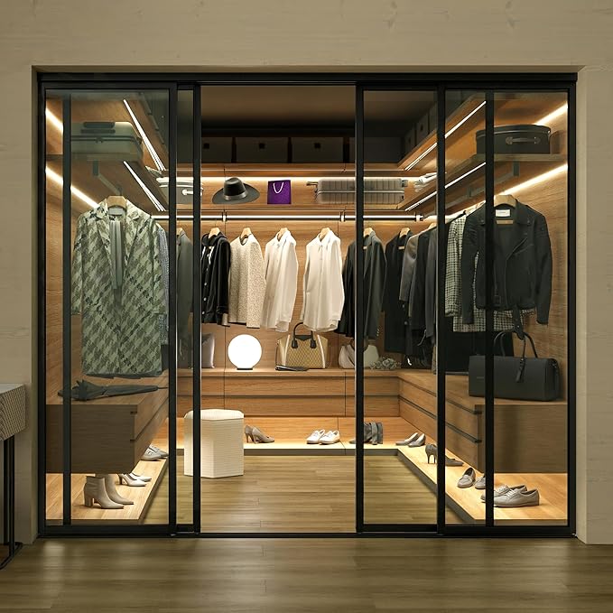 4 Panel Glass Room Divider and Sliding Glass Closet Doors - Smoked Frosted Partition Wall - Clear, Smoked and Frosted Glass Sliding Doors Options (Clear Glass, 96x80)