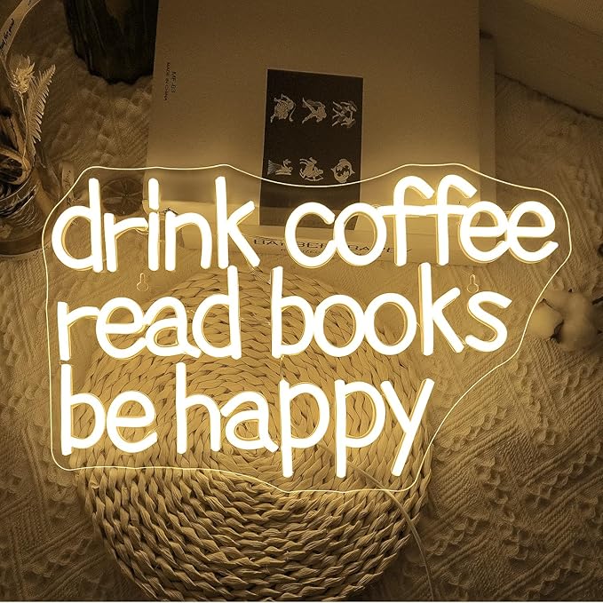 Looklight Drink Coffee Read Books Be Happy Neon Sign Warm White Read Books Led Neon Light for Wall Decor Dimmable USB Neon Light Up Signs for Classroom Coffee Shop Bookstore Library Museum Study Room