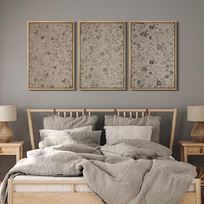 MUDECOR Framed Wall Art Print Set Vintage Floral Botanical in Neutral Tones Illustrations Realism Decorative for Living Room, Bedroom, Office - 24"x36"x3 Natural