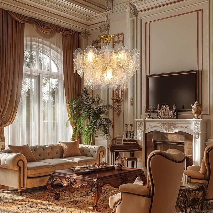 7PM Modern Gold Glass Chandelier, Antique Crystal Chandeliers 3-Layer 6 Light Round Pendant Chandelier for Dining Room Kitchen Island Living Room Bedroom 59" Height Adjustable, 20inch