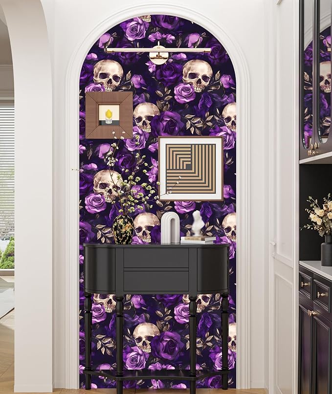 Black Floral Peel and Stick Wallpaper Vintage Boho Sugar Skull Contact Paper Gothic Flower Wall Mural Home Vinyl Waterproof Self Adhesive Removable Renter Friendly Wall Paper 17.5" x 118"