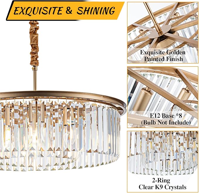 23" 8-Light Modern Crystal Chandelier Light Fixtures 2 Rings Gold Luxury Chandeliers for Dining Room Round Hanging Pendant Lighting for Living Room Kitchen Entryway Bedroom