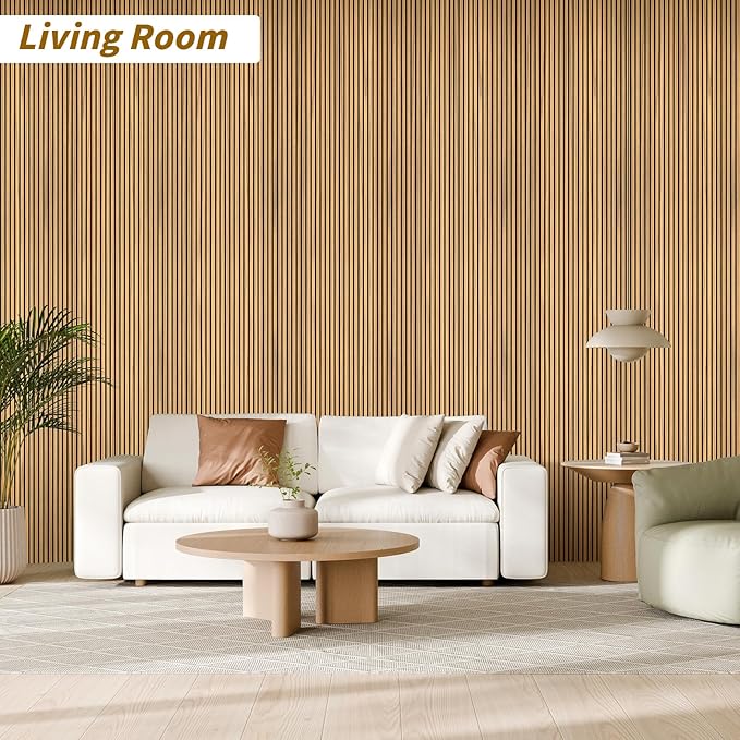 4-Piece Acoustic Wood Wall Panels for Wall and Ceiling, 3D Fluted Soundproof Wood Slat Wall Panels for Interior Wall Decor, 94.5" x 7.9"-Warm Teak