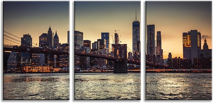 NAN Wind 3PCS New York City Skyline Canvas Wall Art Brooklyn Bridge at Sunset Golden Hour Manhattan Cityscape Pictures Canvas Artwork East River Reflection Modern Urban Home Decor Living Room Office