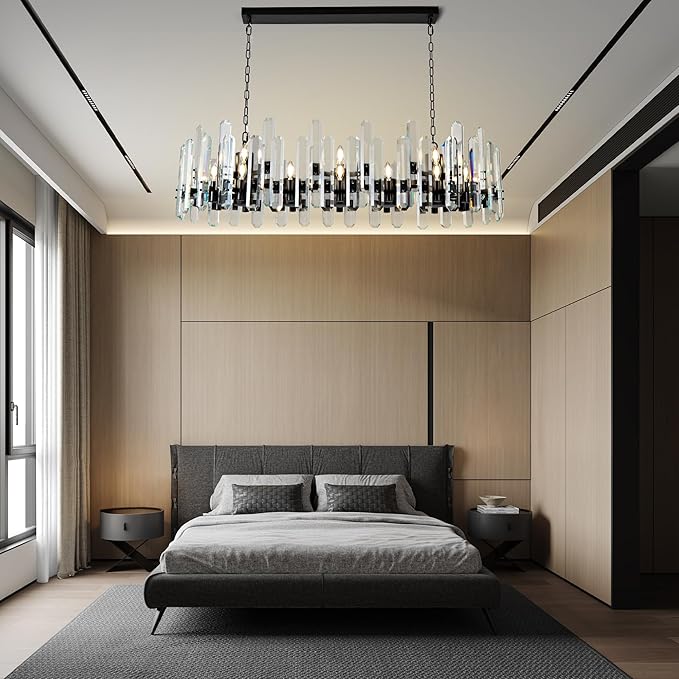54" Black Chandelier, 24-Light Modern Rectangular Crystal Chandelier for Dining Room, Kitchen Island, Living Room, Bedroom, Foyer, Contemporary Adjustable Chain Chandeliers, Luxury K9 Light Fixture