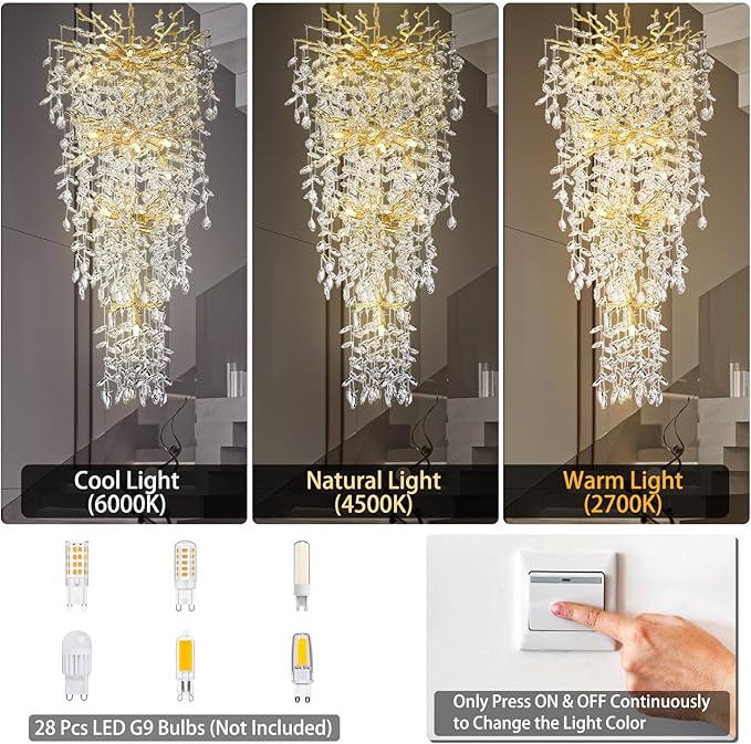 47'' Long Crystal Chandelier for High Ceiling, 25-Light Modern Gold Tree Branch Chandelier, Large Chandeliers for Staircase Foyer Entryway Living Room, 4-Tier Luxury K9 Raindrop Light Fixture- Upgrade