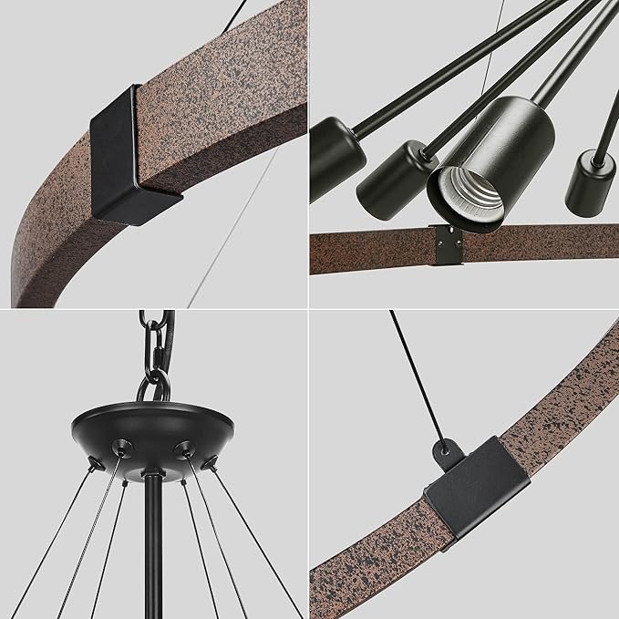 38.2'' Large Farmhouse Wagon Wheel Chandelier for Living Room, 8-Light Rustic Round Metal Light Fixtures for Dining Room Entryway Kitchen Island, Vintage Rust and Black Finishes