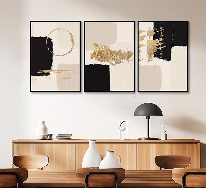 3pcs Black Gold Abstract Wall Art Bohemian Simple Geometric Canvas Poster Print Modern Beige Picture Painting Wall Decor for Living Room Bedroom Office Decoration Frameless