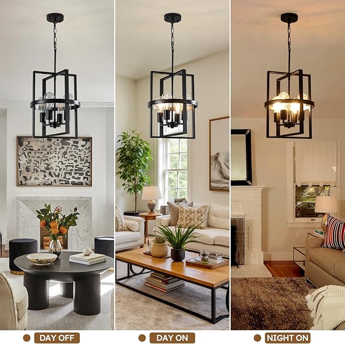 12.6"Black Chandelier for Dining Room, 4-Light Modern Farmhouse Chandelier with Geometric Cage Adjustable, Foyer Lighting Fixtures Rustic Pendant Lights for Kitchen Entryway Hallway Living Room