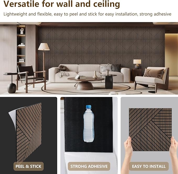 4 Packs Acoustic Wall Panels - Self-Adhesive 3D Wood Slat Wall Panel- Peel and Stick Sound Absorbing Panels for Noise Reducing - Feature Wall Decor for Home & Office