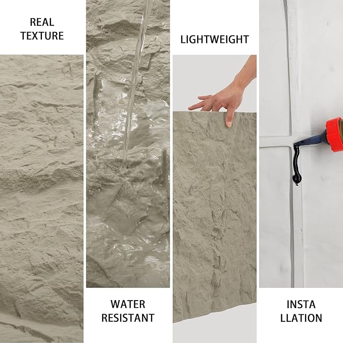 KASARO 3D Faux Stone PU Wall Panels, 3 Pieces Wainscoting Panel Accent for Interior Wall Decor, Waterproof Wall Covering, 47.24 × 23.62 inch, Cement Lily