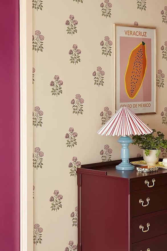 Beige Floral Wallpaper Vintage Rose Peel and Stick Wallpaper Waterproof Contact Paper Removable Self Adhesive Drawer Liner Decoration Paper for Walls - 17.3”×196.8”