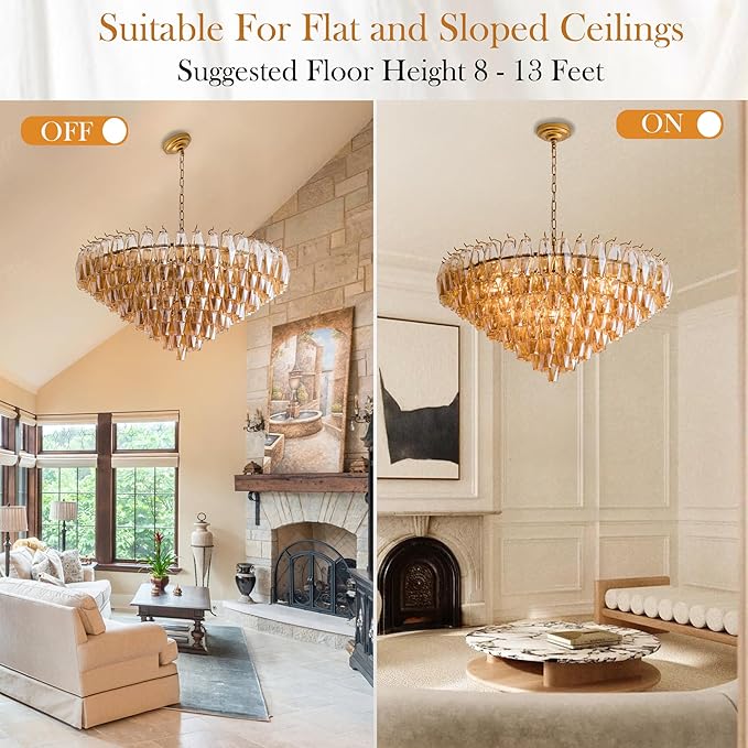 Large Chandelier, 37" Gold Smoke Glass Chandelier for Living Room, 14-Light Round Drum Kitchen Island Hanging Light Fixture Perfect for Dining Room, Bedroom,Kitchen, Foyer