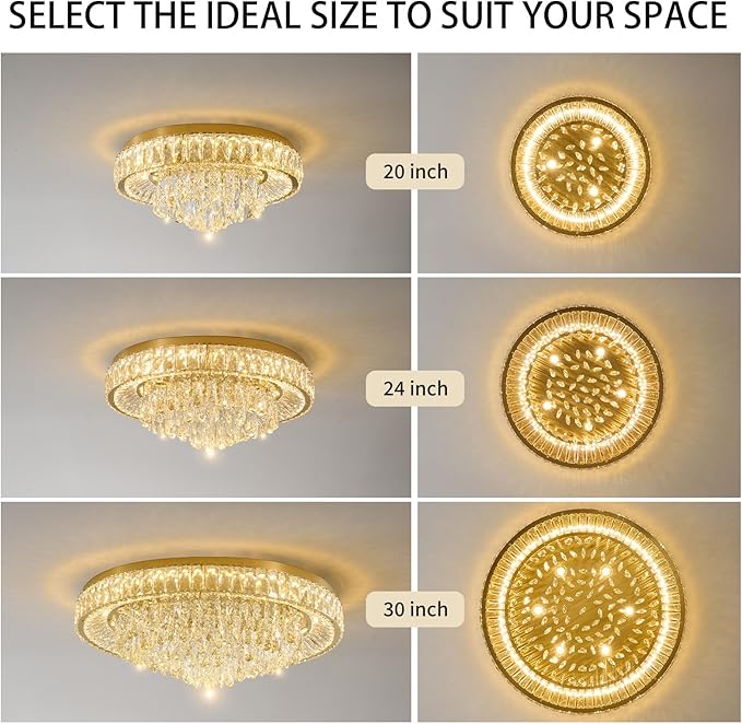 30" Ceiling Crystal Chandeliers: K9 Crystals 3 Color Temperature Led Light Dimmable with Remote - Modern Gold Chandelier Crystal Flush Mount Ceiling Lights for Dining Room Living Room Bedroom Entryway
