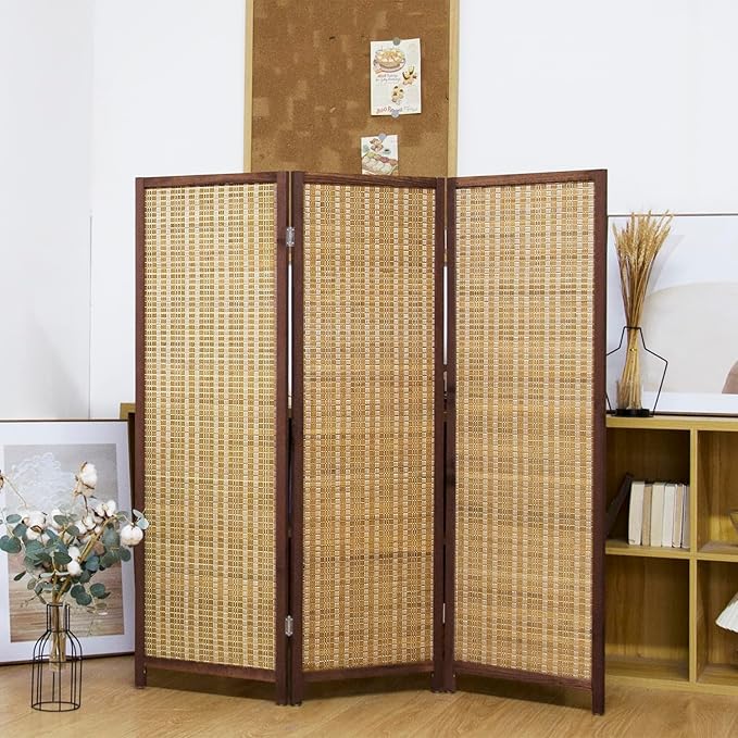 3 Panel Short Panel Divider Screen,3.95 FT Tall Bamboo Room Divider Folding Privacy Screen,Short Panel Divider Freestanding Room Divider for Room Seperation,Brown