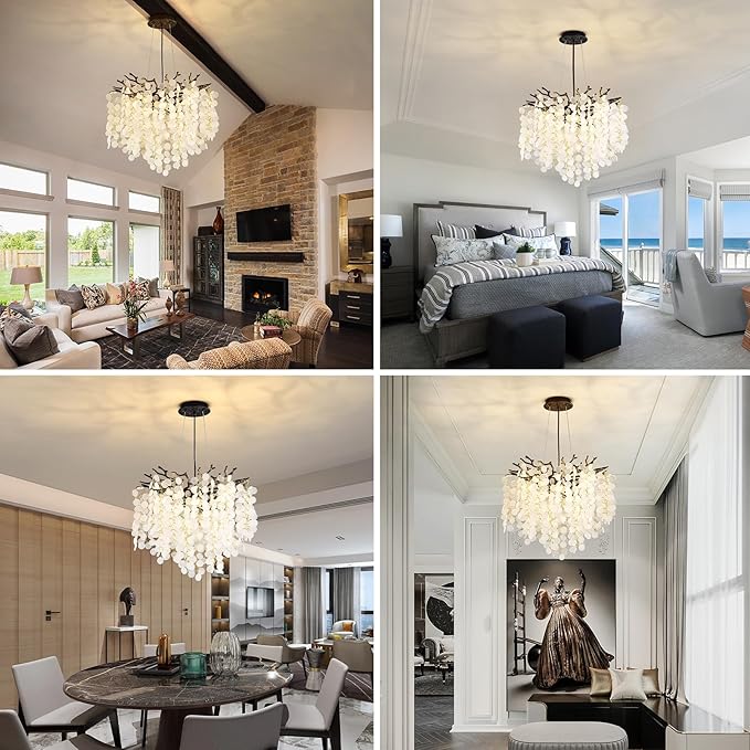 Capiz Shell Chandelier 18-Inch, Black Crystal Tree Branch Chandelier, 6-Light Coastal Light Fixture, Contemporary Entryway Chandeliers, for Dining Room Bedroom Foyer Bathroom