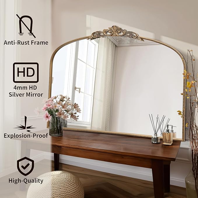 Micasso Large Vintage Gold Mirror: 48"x 33" French Baroque Antique Mirror - Traditional Ornate Decorative Wall Mounted Arched Mirrors for Wall/Mantel/Entryway/Hallway - Home Decor for Living Room