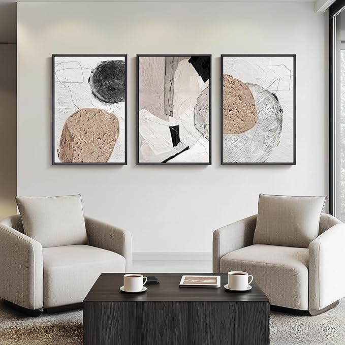 Large Framed Neutral Abstract Wall Art for Living Room, Set of 3 Piece Modern Wabi Sabi Art Beige and Black Canvas Artwork for Walls, Contemporary Minimalist Geometric Painting Prints 24x36 Inch