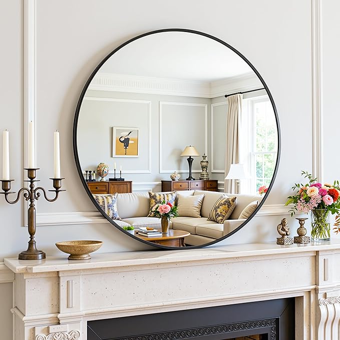 Antok Wall Mirror, 18"x18" Bathroom Vanity Mirror, Anti-Rust HD Tempered Glass, Wall Mounted Mirrors for Living Room, Entryway, Black Frame, Round