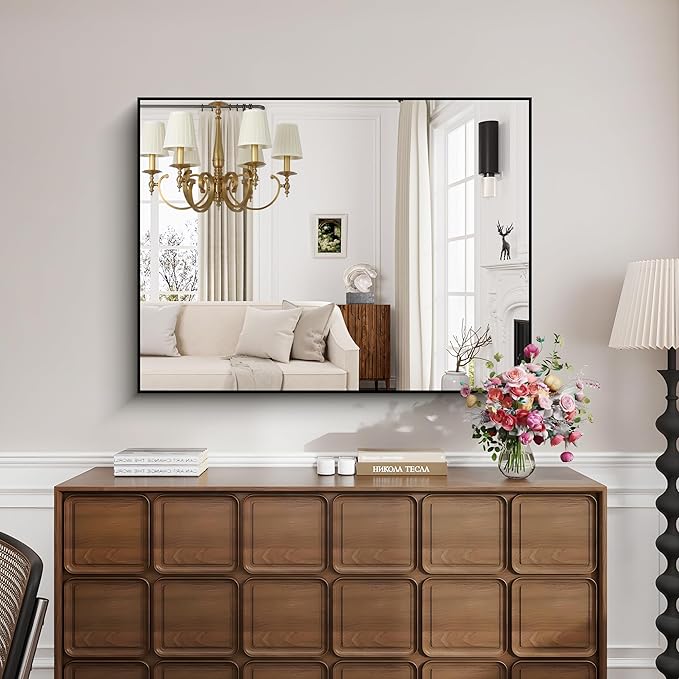 KOCUUY Bathroom Mirror Black, 48x36 Inch Rectangle Wall Mirror with Metal Frame, Black Vanity Mirror Modern Home Decor for Bathroom, Living Room, Farmhouse, Entryway, Hang Horizontal/Vertical