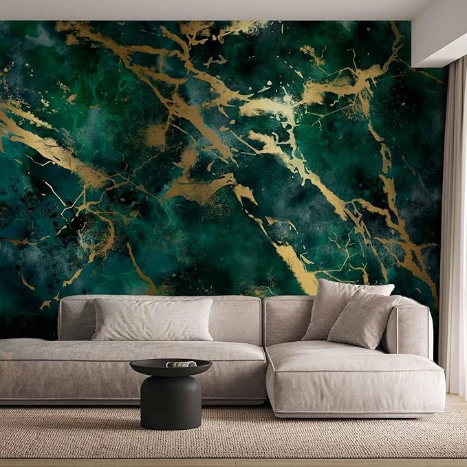 artgeist Wall Mural Faux Stone 116x83 in - XXL Peel and Stick Self-Adhesive Wallpaper Removable Large Sticker Foil Wall Decor Print Picture Image Design Marble Abstract 3D Gold Green f-A-10004-a-a