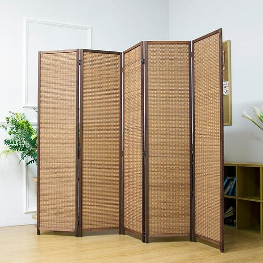 5 Panel Room Divider Screen,5.6 FT Tall Bamboo Divider Folding Privacy Screen,Freestanding Room Divider for Room Seperation,Brown