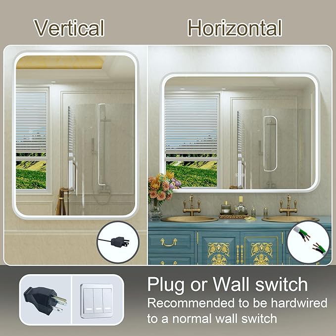 48x36 Inch Silver LED Bathroom Mirror with Lights, Adjustable 3000K/4500K/6000K, Framed Lighted Bathroom Vanity Mirrors for Wall, Anti-Fog, Stepless Dimmable, Memory, Horizontal/Vertical