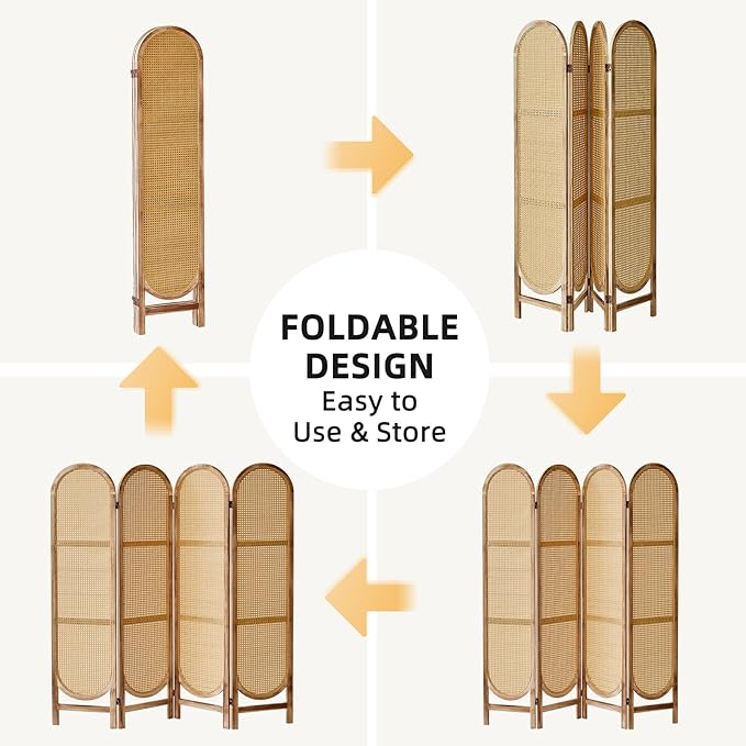 4 Panel Room Divider, Double Hinged Foldable Wooden Room Divider, Individual Privacy Screen Made of Hand-Woven Rattan, Portable Wall Divider for Home Office Bedroom Bathroom (Natural)