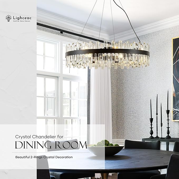 31.9" Black Modern Crystal Chandelier Light Fixtures Luxury 2 Ring Crystal Chandeliers for Dining Room 16-Light Round Hanging Pendant Lighting for Living Room Kitchen Island Entryway Bedroom