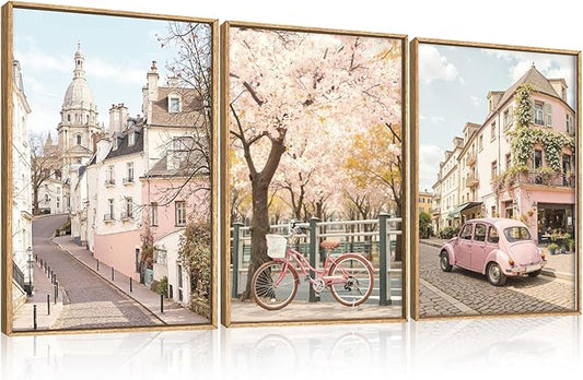 Ausril Italy Pink Cityscape Framed Canvas Wall Art Set, Romantic Flower Street Wall Decor, Vintage Travel City Wall Painting, Italian Pink Bike Art Prints for Living Room, Bedroom, Office - 16"X24"X3