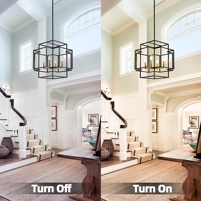 4-Light Black and Gold Chandeliers, Foyer Lighting Fixtures for High Ceilings, Farmhouse Chandeliers for Dinning Room Entryway Staircase, Rectangular Pendant Light for Kitchen Island