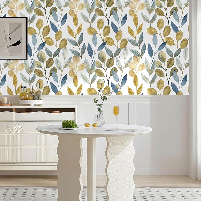 Blue Gold Leaf Peel and Stick Wallpaper Modern Self Adhesive Contact Paper Waterproof Removable Wall Paper for Bathroom Cabinets and Drawers 17.7"x70.8" Luxury Decorative Wallpaper