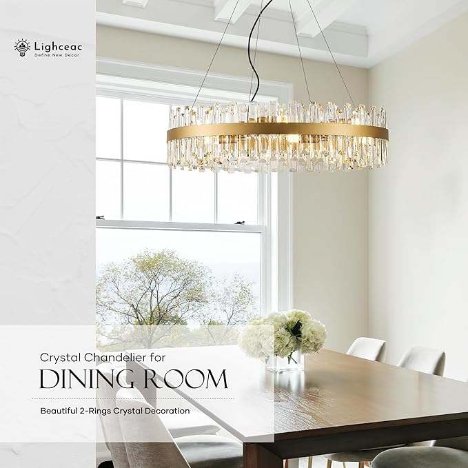 31.9" Gold Modern Crystal Chandelier Light Fixtures Luxury 2 Rings Crystal Chandeliers for Dining Room 16-Light Round Hanging Pendant Lighting for Living Room Kitchen Island Entryway Bedroom