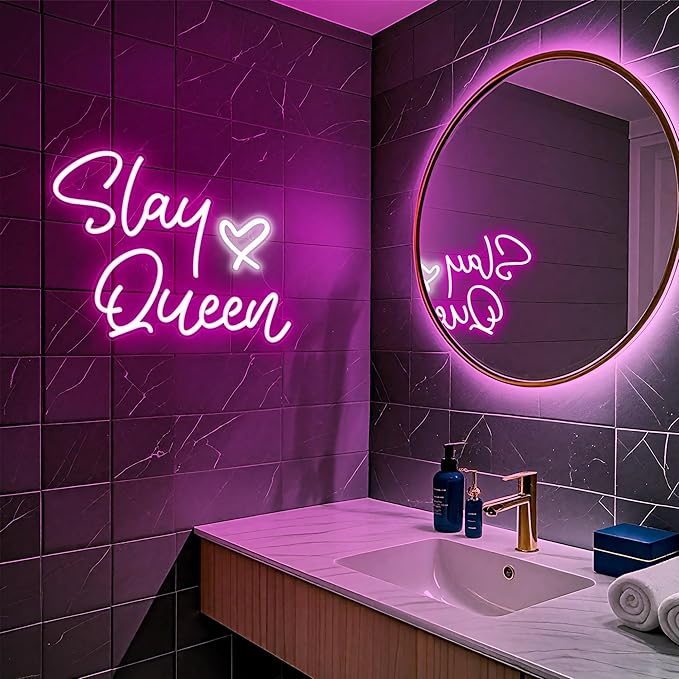 Kavaas Slay Queen Neon Signs 15.3" x 12.6", Pink LED Light Up Signs for Wall Decor | Slay Queen Sign for Girls Bedroom, Bar, Office, Dorms