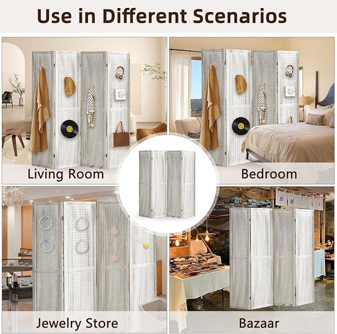 4 Panel Pegboard Display with 16 Hooks, Wooden Room Divider Wall and Folding Privacy Screens, Partition Room dividers, Pegboard Room Divider, Jewelry Store, Retail Store, Bedroom, White