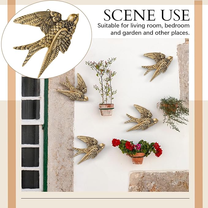 2 Pcs Vintage Bird Wall Sculpture Decor Art 6.7 Inch Antique 3D Sculpted Hanging Bird Resin Wall Art Golden Brass Rustic Floating Ornament for Living Room Garden Indoor Outdoor, Gift for Christmas