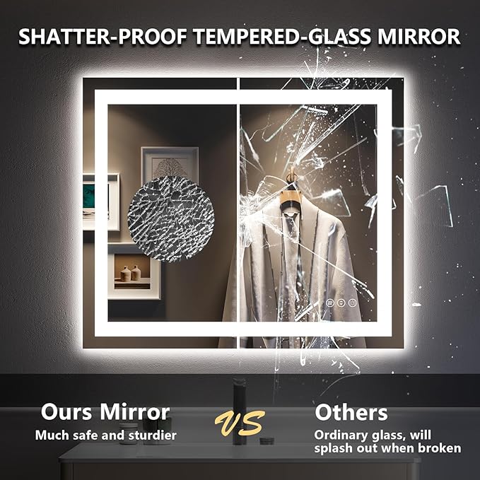 28x36 Inch LED Bathroom Mirror with Lights Front and Backlit Lighted Vanity Mirror for Bathroom Wall with 3 Colors Dimmable Anti-Fog Memory Shatter-Proof IP54 Waterproof Horizontal/Vertical