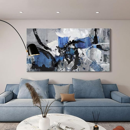 Abstract Canvas Wall Art: Large Wall Art for Living Room, Bedroom & Gray Office Decorations for Work, Framed Artwork - Modern Decor with Blue & Black Paintings