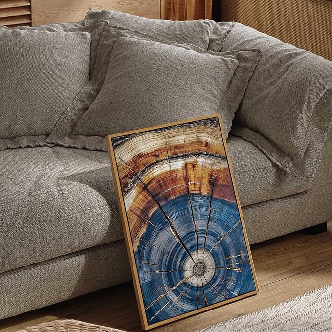 BingruiArt Framed Tree Ring Canvas Wall Art Abstract Wood Wall Decor Boho Modern Colorful Nature Painting Wood Stump Prints Pictures for Living Room Bedroom Bathroom Office 16"x24" Natural Framed(02)