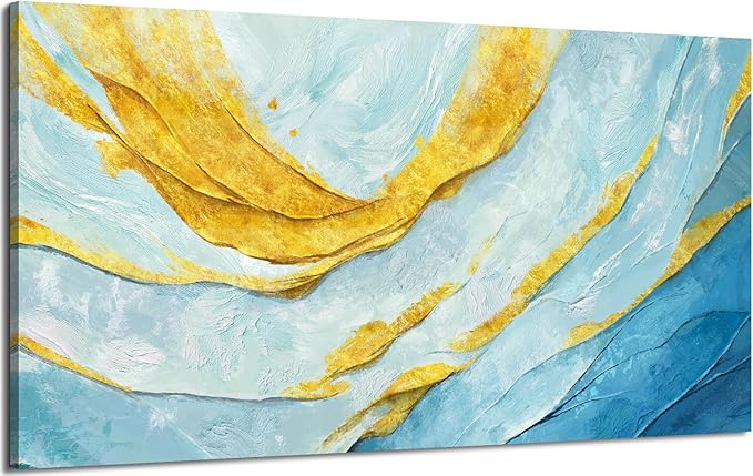 Nicetop Modern Large Abstract Wall Art – Blue and Yellow Flowing Lines Canvas Prints Contemporary Coastal Artwork Horizontal Decorative Wall Picture for Living Room Bedroom Home Office Decor 48x24 Inch