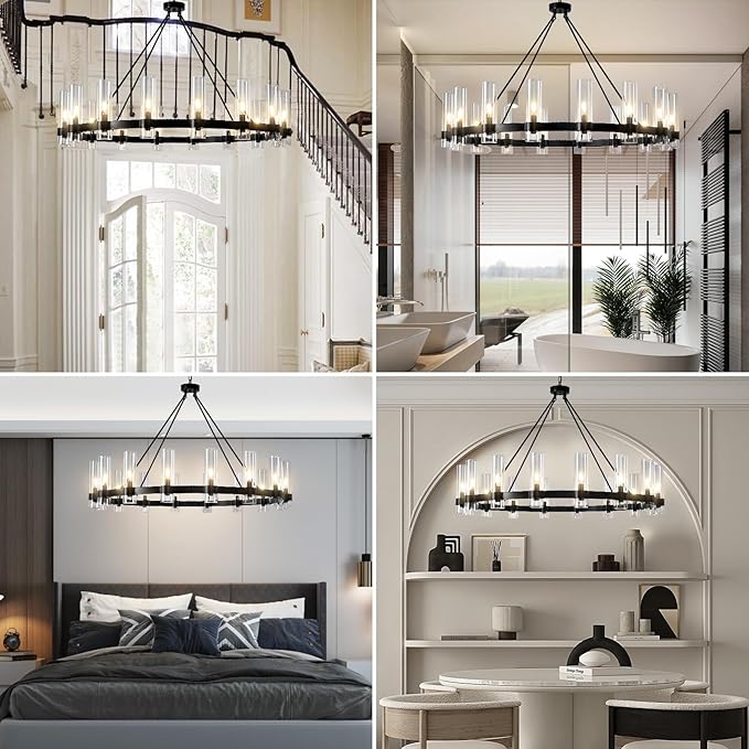 48" Black Wagon Wheel Chandelier, 16-Light Farmhouse Round Pendant Light Fixture with Glass Shade, Large Hanging High Ceilings Chandeliers for Dining Room Kitchen Foyer Entryway Living Room