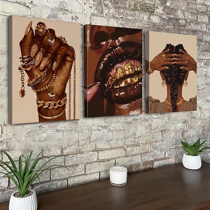 Black Women Wall Art Glitter Gold Jewelry Picture for Girls Bedroom Bathroom Wall Decor Luxury Abstract Fashion African American Female Poster Hip Hop Artwork Living Room Home Decoration 12x16" 3P