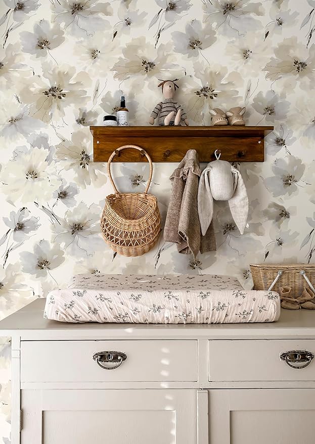 JiffDiff Beige Flower Watercolor Flower Peel and Stick Wallpaper, Honey Wheat Yellow, 17.3x393.7 inch, 48.5 sq ft, Straight Match