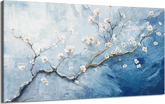 Nicetop Extra Large Canvas Art Wall Decor - Plum Blossom Art Prints - Oversized Abstract Sky Ocean Floral Botanical Artwork, Big Wall Picture Modern Coastal Home Bedroom Living Room Office 58x29 Inch